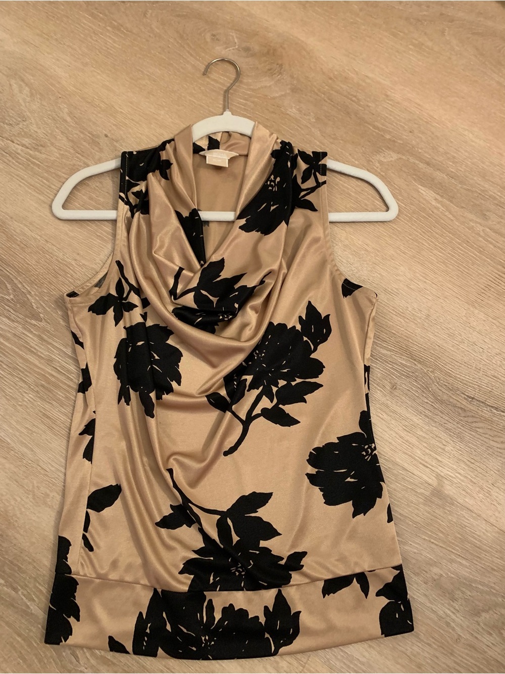 Michael Kors Gold and Black Floral Cowl Neck Shell